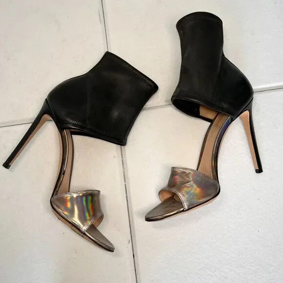 Gianvito Rossi Leather & Iridescent Heel Sandals Sz 8 Black Luxe Stiletto - Picture 4 of 16